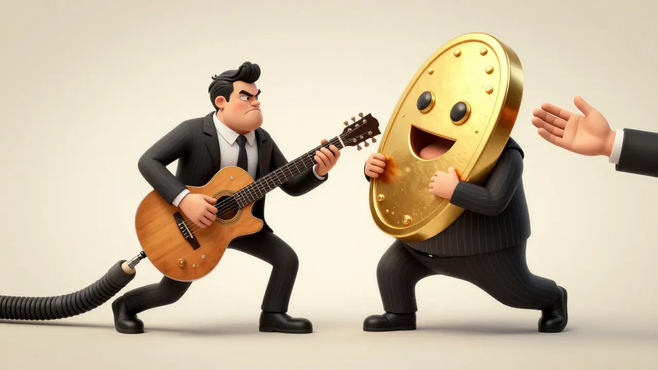 A golden token pushing away a businessman to connect a musician and a fan.