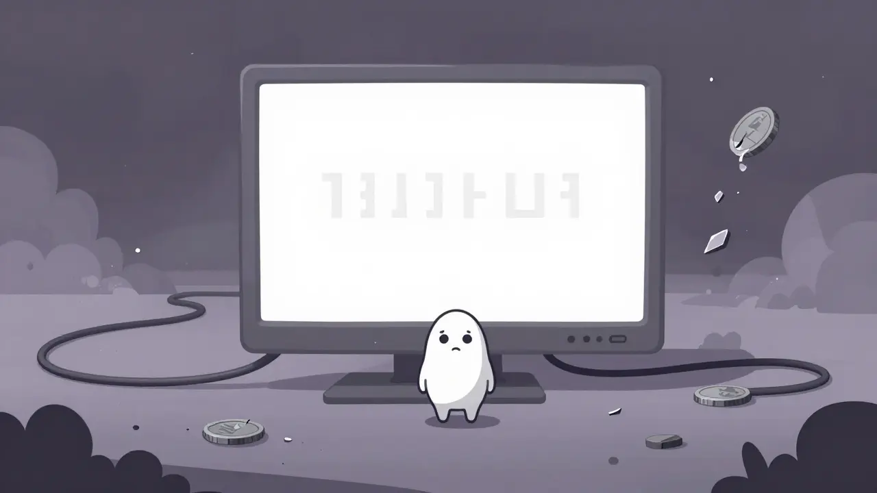 A lonely character facing a blank screen in a desolate digital void, rubber hose animation style.