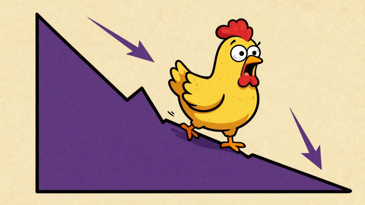 A panicked cartoon chicken riding a volatile cryptocurrency price graph.