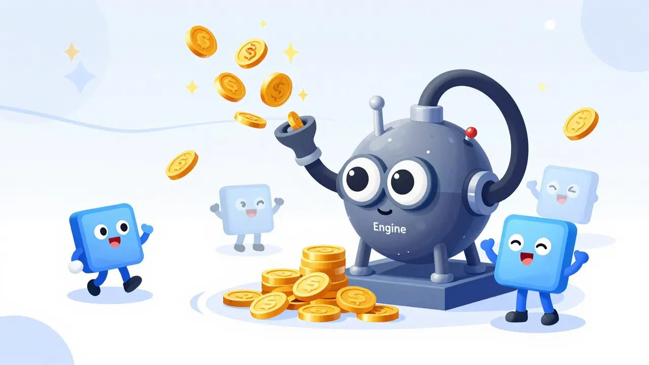 A personified ASTR engine distributing golden coins to cute dApp characters.