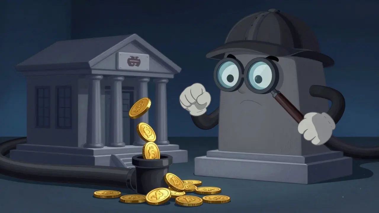 A personified bank building acting as a detective monitoring digital money flows.