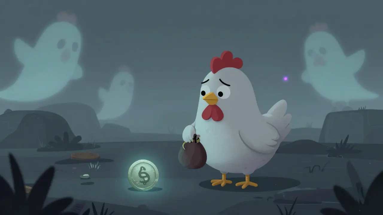 A sad cartoon chicken in a foggy digital wasteland representing a ghost coin.