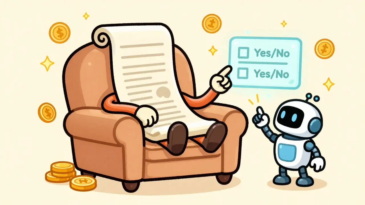 A vintage cartoon character reading a proposal with a small robot assistant