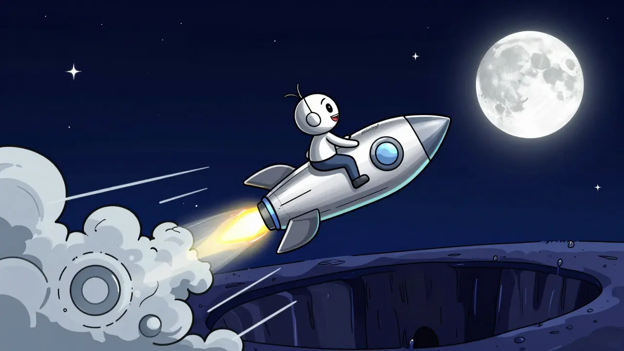 A whimsical character riding a coin-shaped rocket toward a smiling moon in a starry sky.