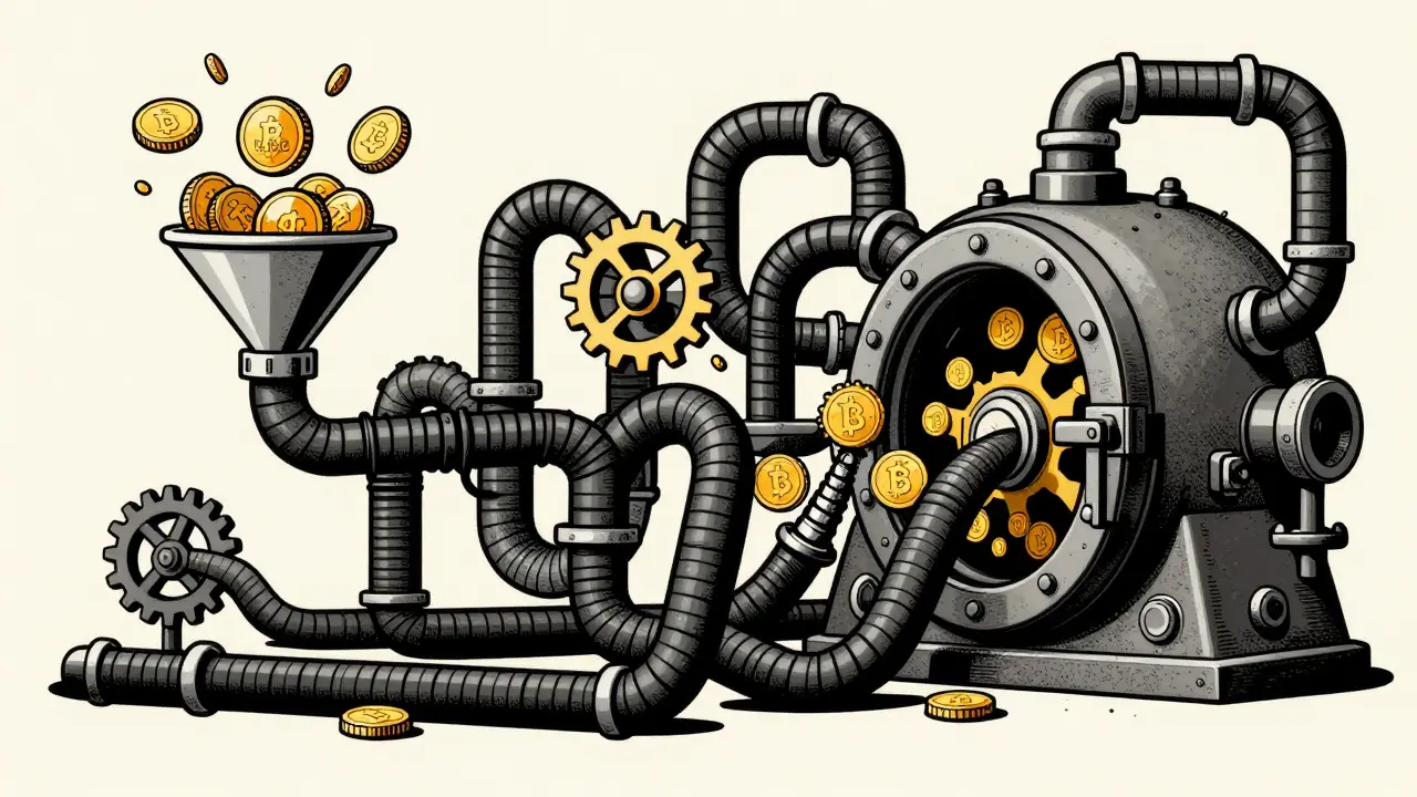 A whimsical mechanical machine laundering cryptocurrency coins through pipes
