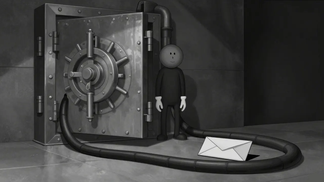 Animated figure standing beside a heavy vault door with a slow mail icon.