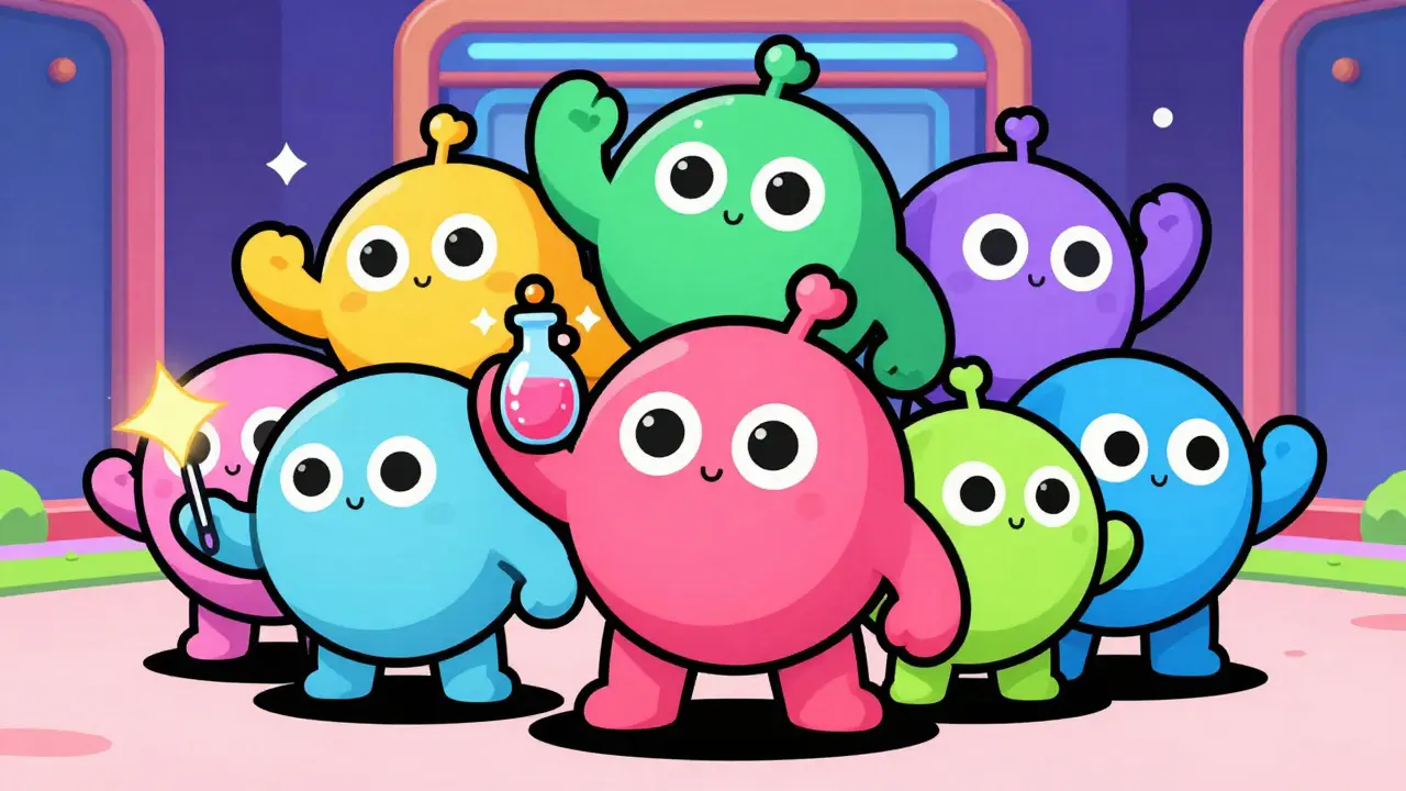 Bouncy Metamon creatures and a magic potion in a vintage rubber hose animation style.