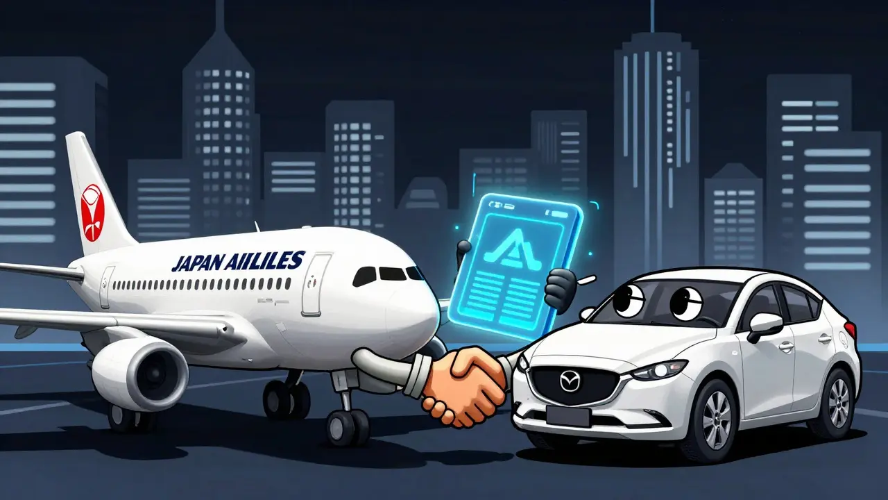 Cartoon airplane and car shaking hands over a digital ledger in a Japanese city.
