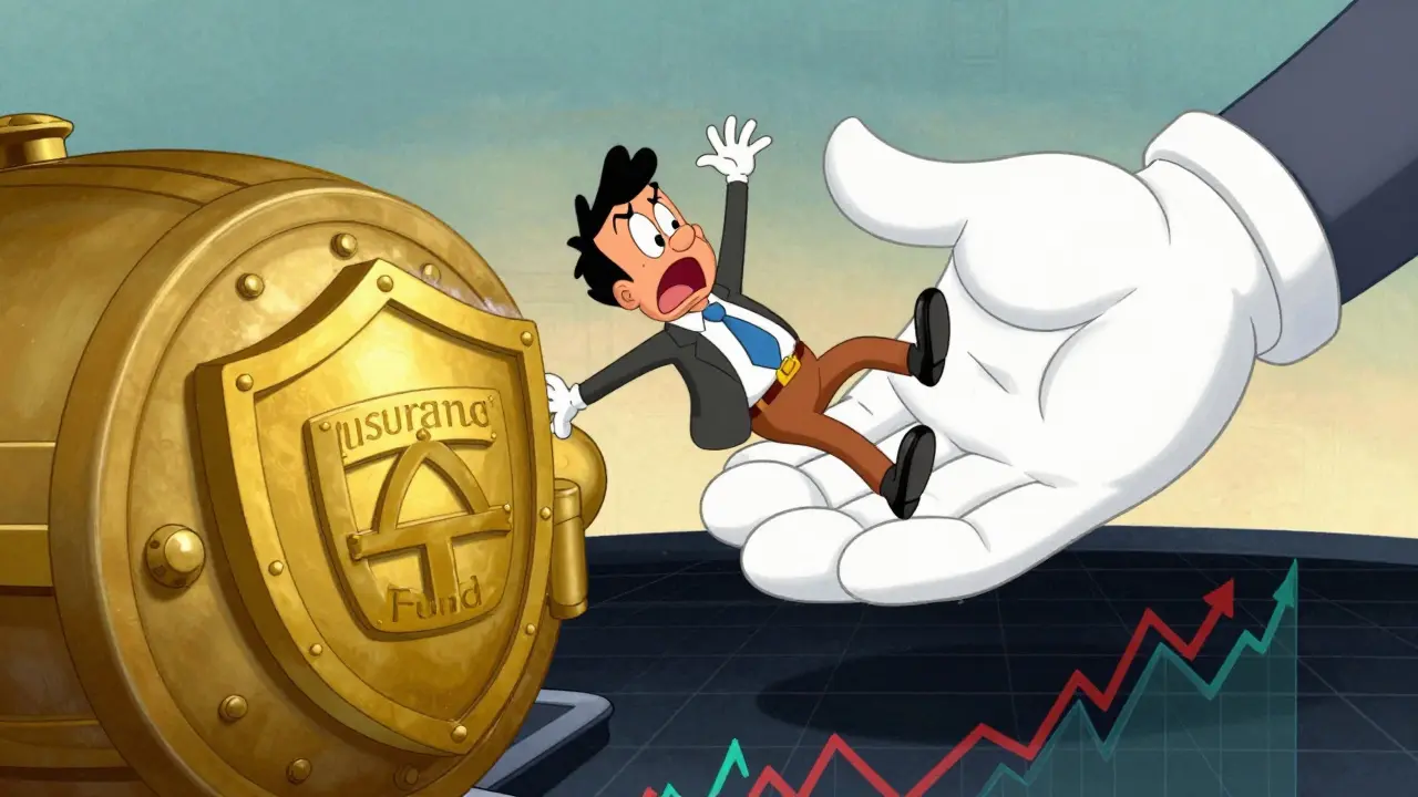 Cartoon character being caught by a giant hand emerging from a gold safety vault