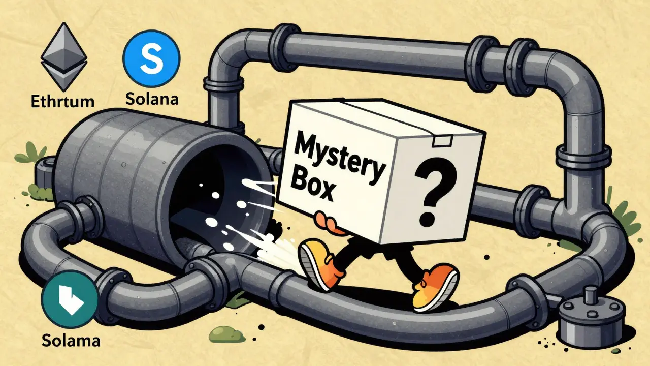 Cartoon character carrying a mystery box through a complex network of colorful blockchain pipes.