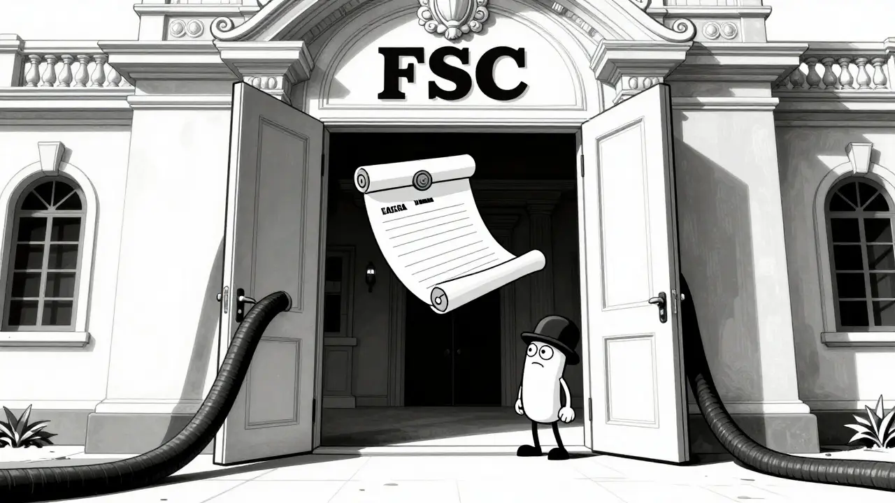 Cartoon character looking into an empty official building with a floating license
