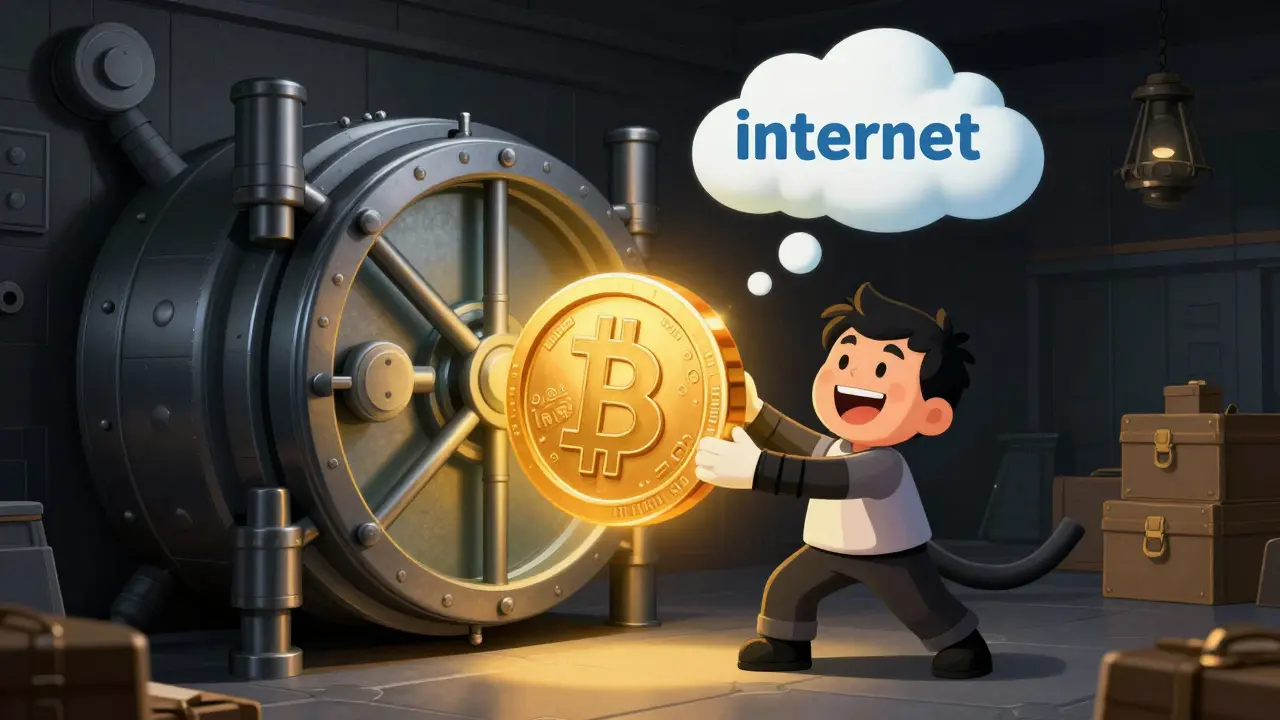 Cartoon character placing a digital coin into a secure offline vault in rubber hose style.