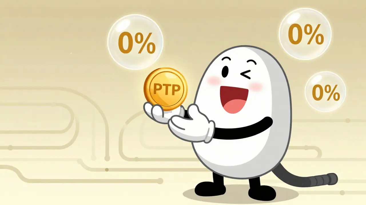 Cartoon character swapping coins in a digital market with floating 0% symbols.