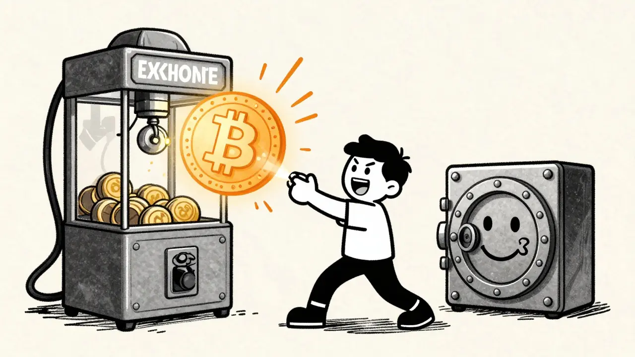 Cartoon character trying to retrieve a Bitcoin from a mechanical claw machine