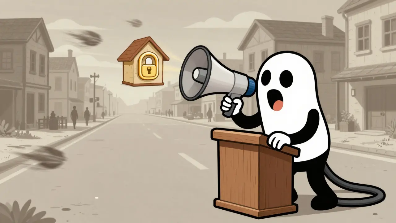 Cartoon character trying to sell a digital house in an empty ghost town