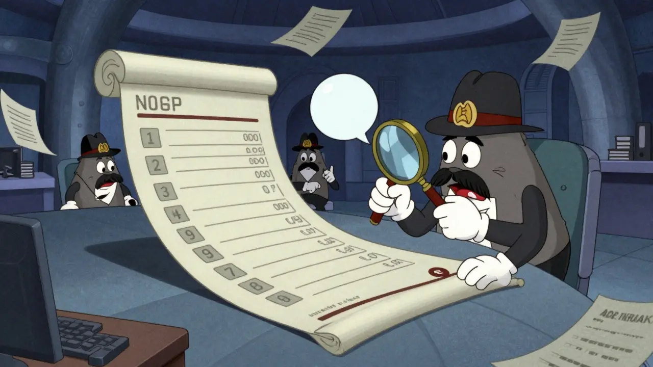 Cartoon detectives in a surreal office inspecting a giant ledger of crypto transactions.