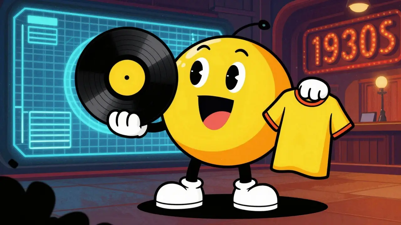 Cartoon digital token holding a physical vinyl record and clothing.