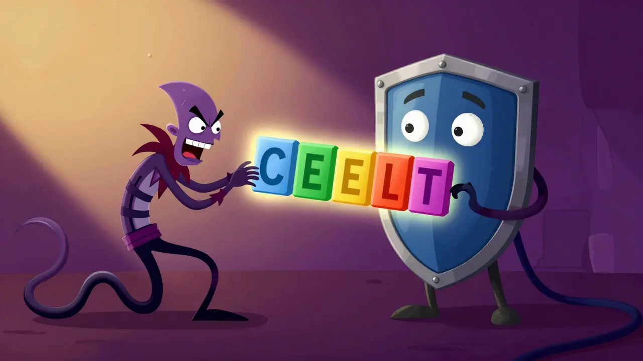 Cartoon illustration of a protective shield blocking a trickster from stealing a seed phrase