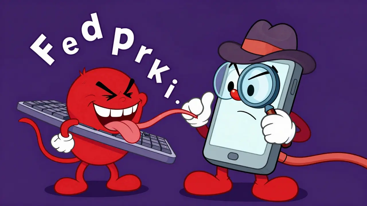 Cartoon smartphone detective investigating a sneaky keyboard
