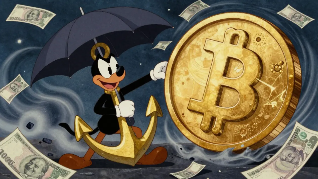 Character protecting a USDT stablecoin from a storm of falling lira notes