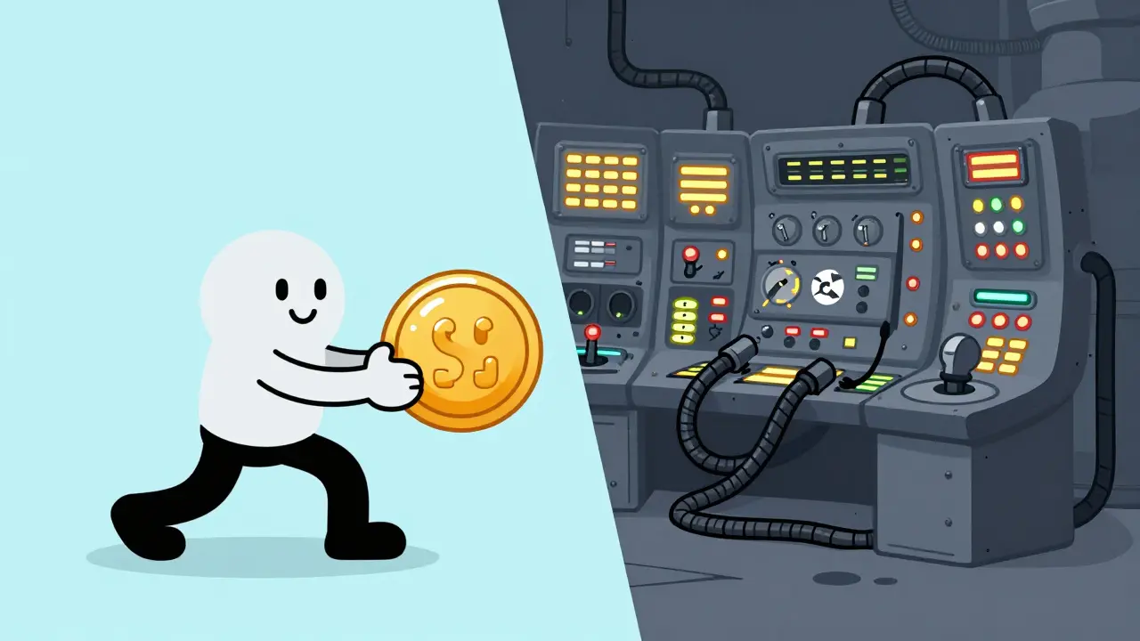 Comparison of a simple user and a complex trader using vintage animation style.