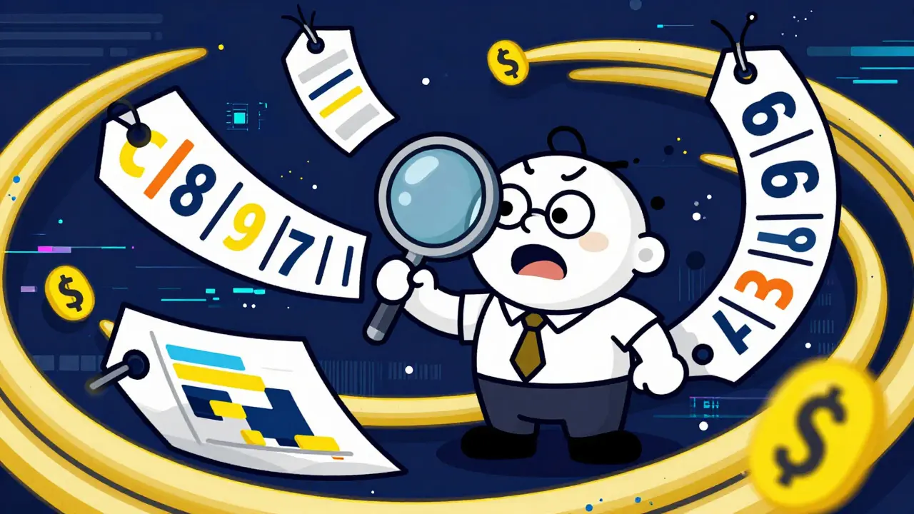 Frustrated cartoon accountant surrounded by twisting, contradictory cryptocurrency data
