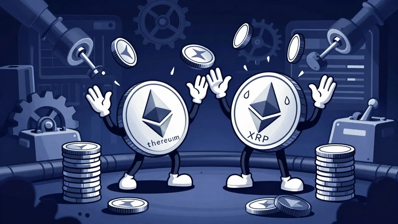 Panicked crypto characters struggling with unstable market liquidity in a cartoon style.