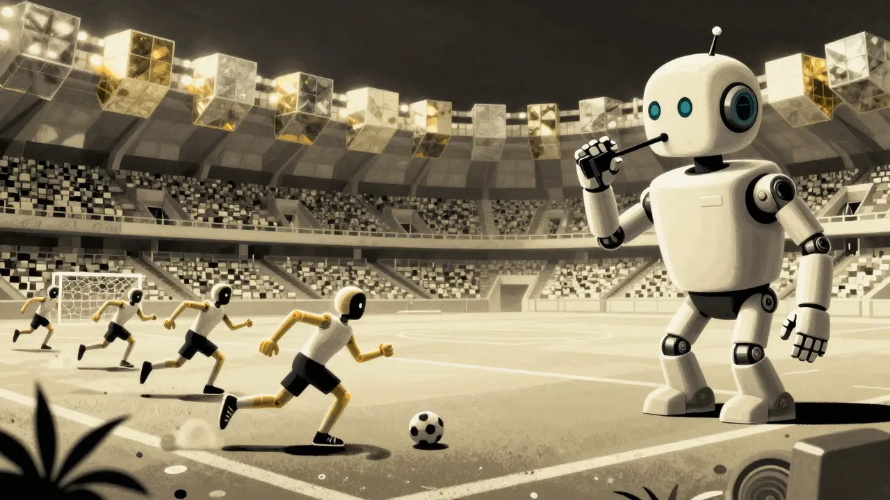 Robot coach and flexible players in a blockchain-themed football stadium.