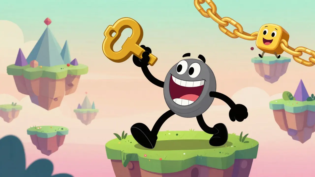 Rubber hose style character exploring a colorful blockchain gaming world with an NFT key
