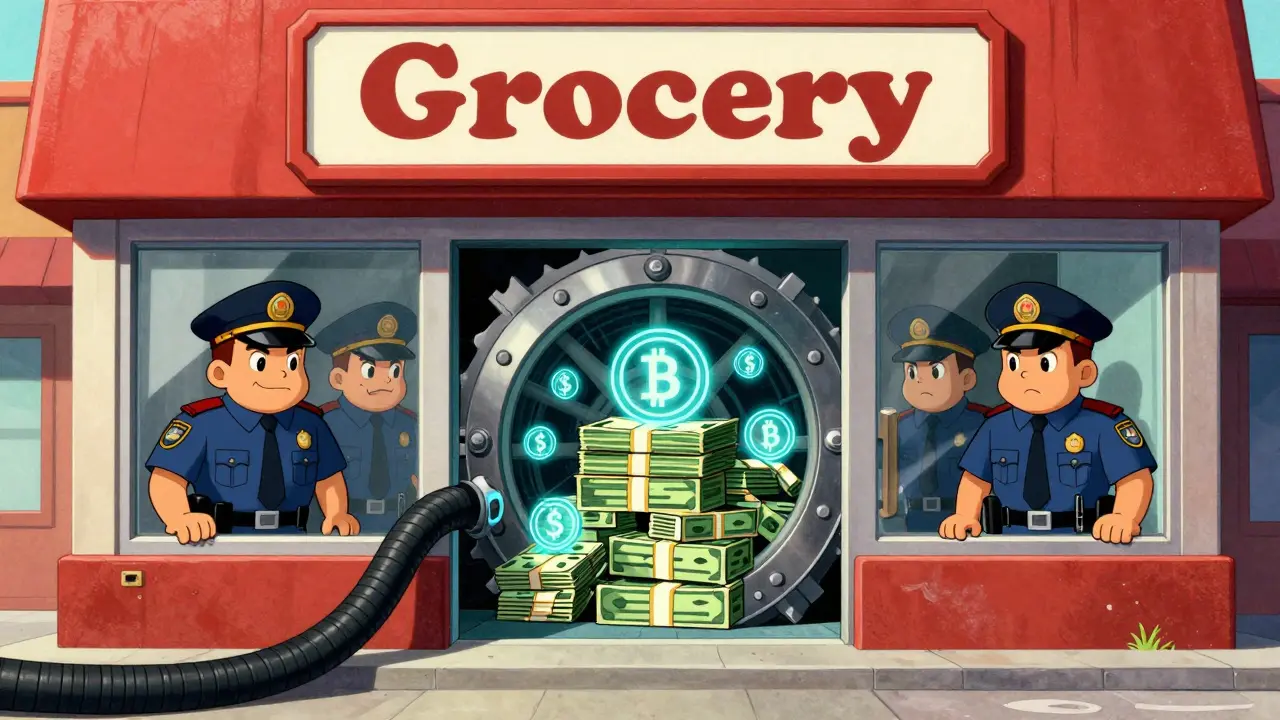 Rubber hose style grocery store with a secret underground crypto vault and police watching.
