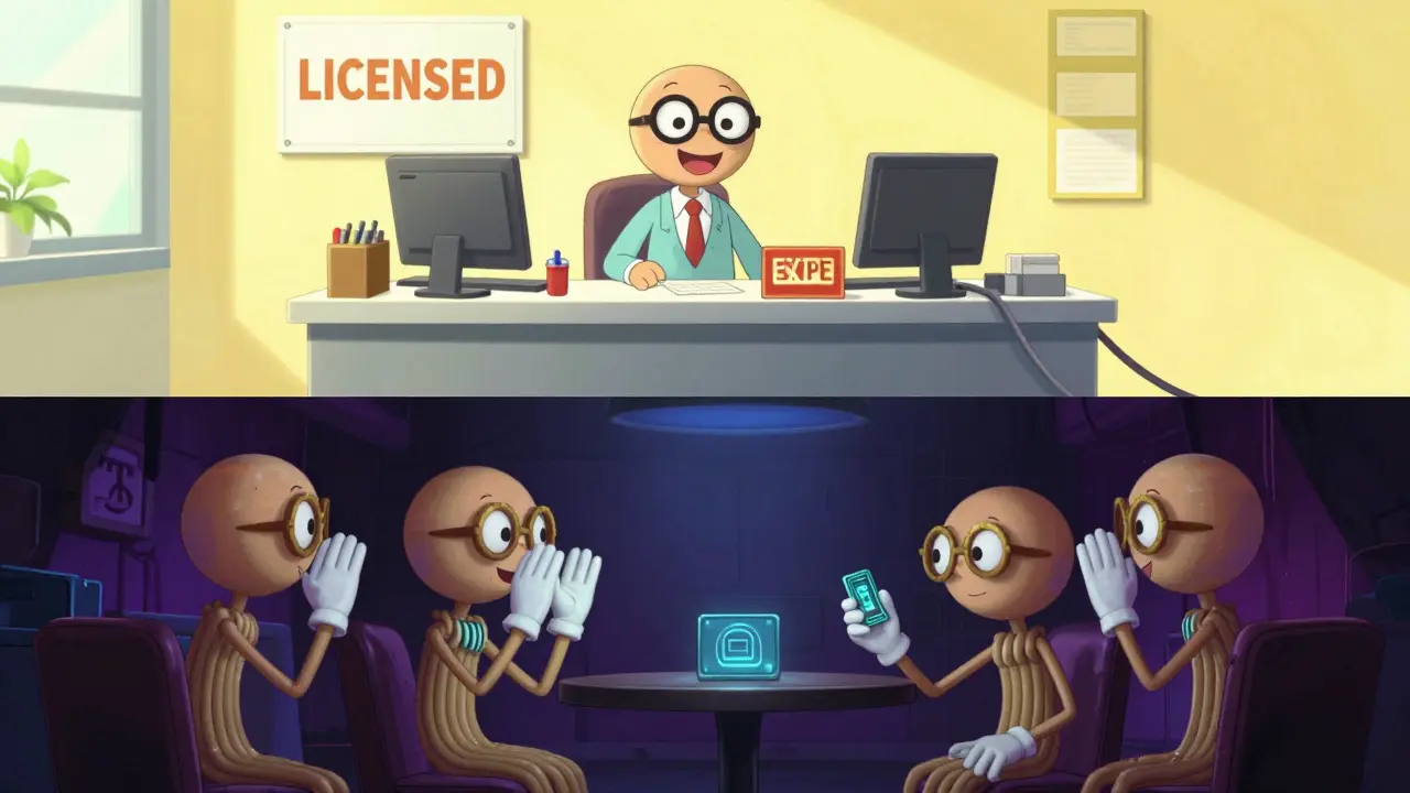 Split screen showing a licensed crypto office and a secret shadow trading lounge