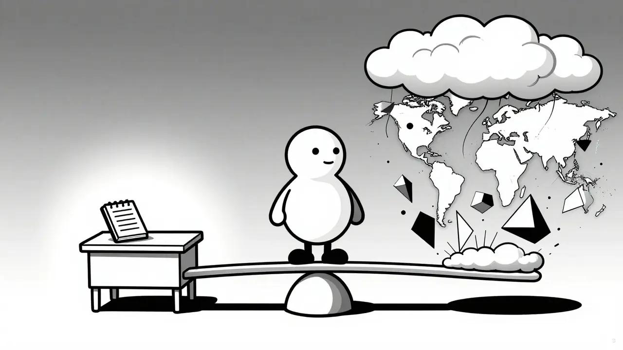 Stylized character balancing on a beam near a simple desk and storm clouds.