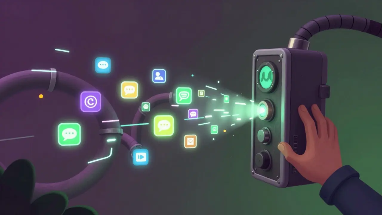 Stylized illustration of a character using a giant mechanical switch to route digital data.