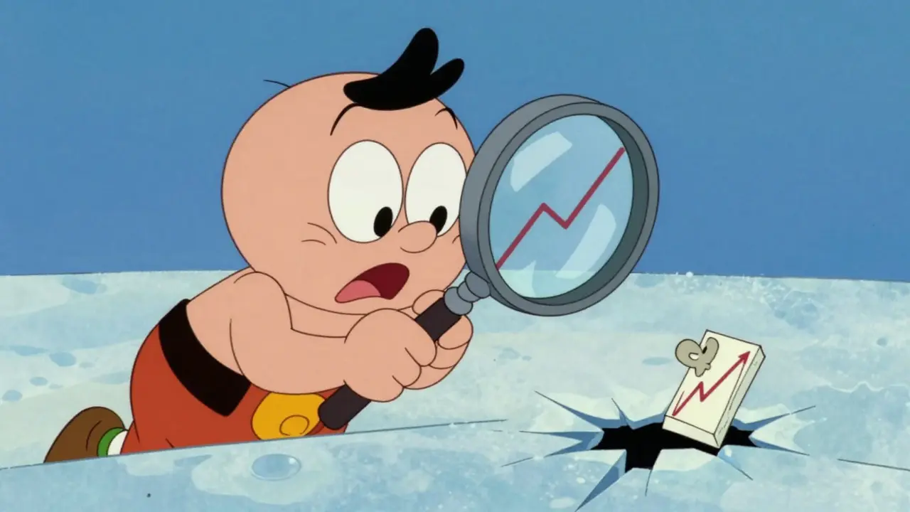 Surprised cartoon character examining a simple trading chart on cracking ice