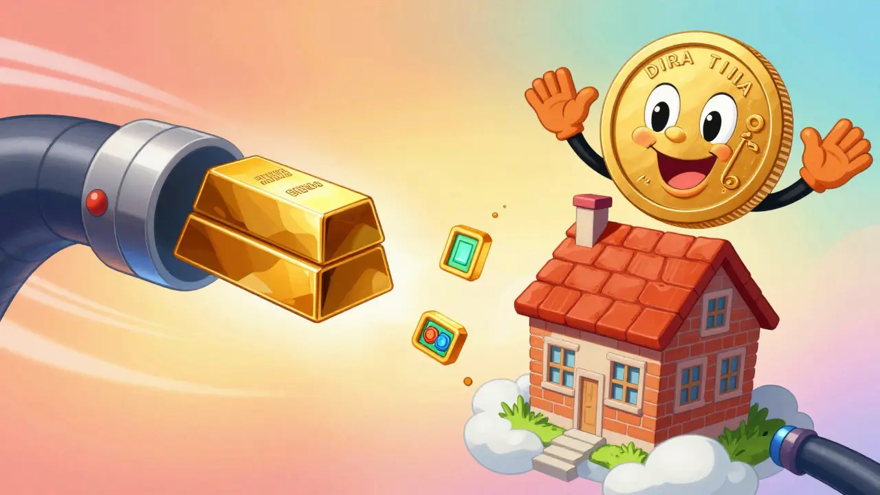 Traditional gold and real estate being transformed into digital tokens by a whimsical machine.