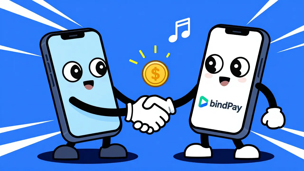 Two cartoon smartphones shaking hands while transferring digital currency