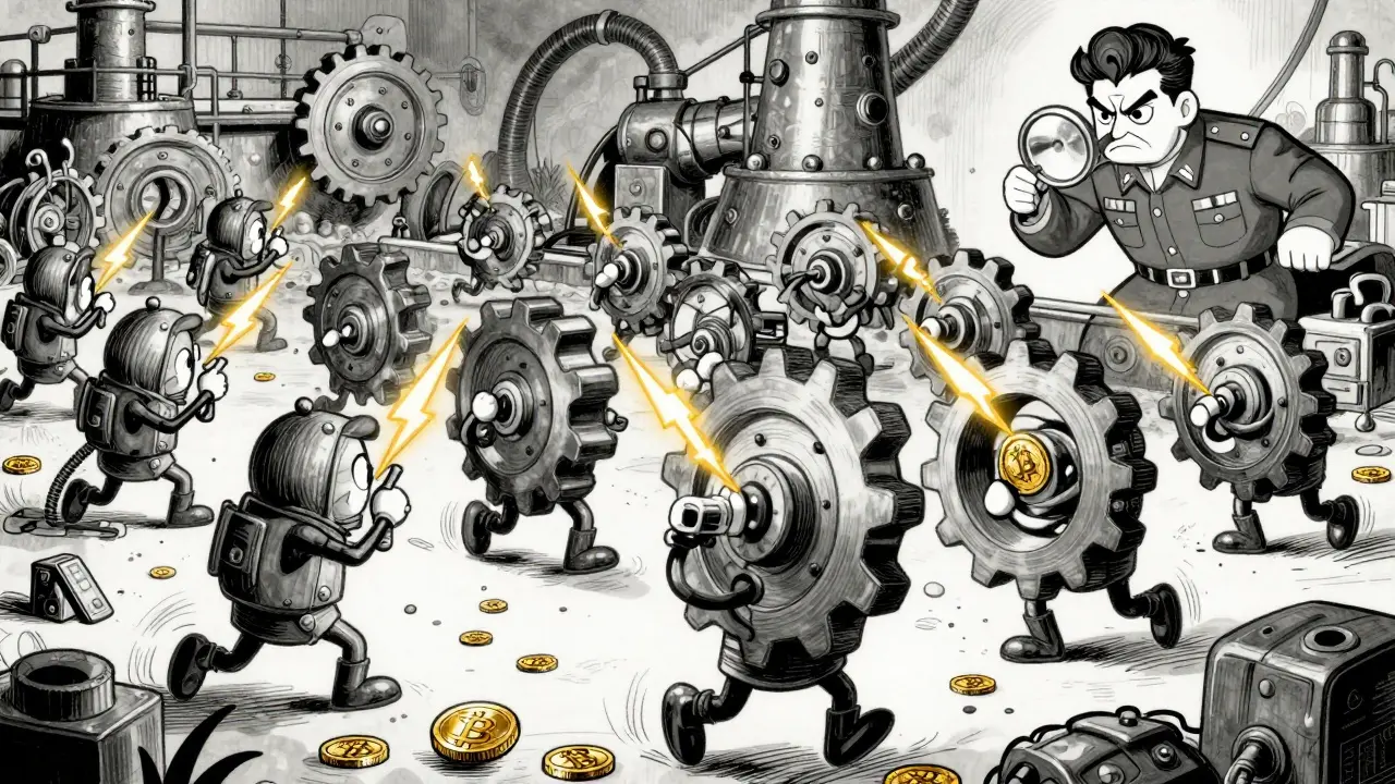Vintage style animation of industrial ASIC miners producing Bitcoin coins under military supervision.
