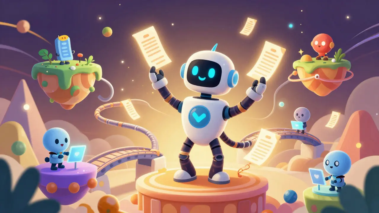 A friendly validator robot holding tokens that form bridges between colorful blockchain islands.