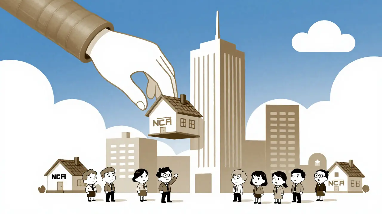 A large tower looms over small houses as a hand lifts one upward, depicting the shift from local to centralized EU crypto oversight.