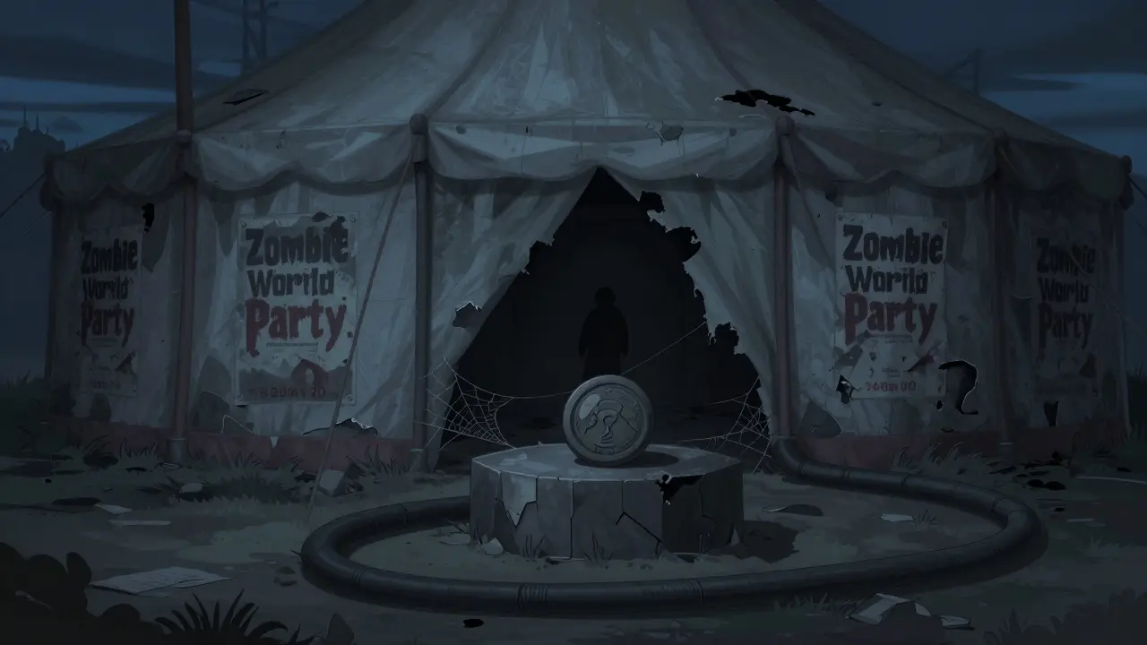Abandoned carnival tent with a dusty token symbolizing an inactive crypto project.