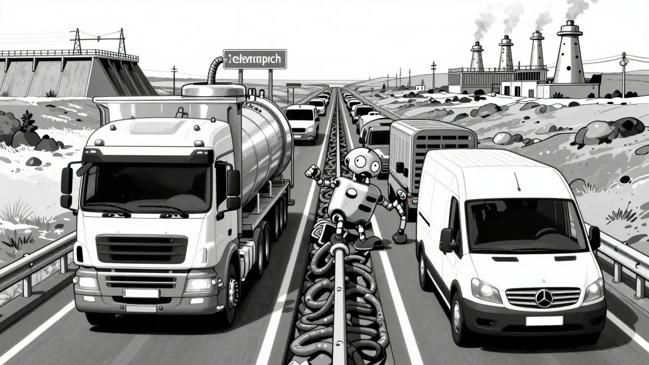 Aluminum and AI trucks passing a stuck crypto miner on a grid road