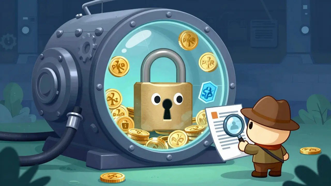 Anthropomorphic lock guarding a vault of crypto tokens