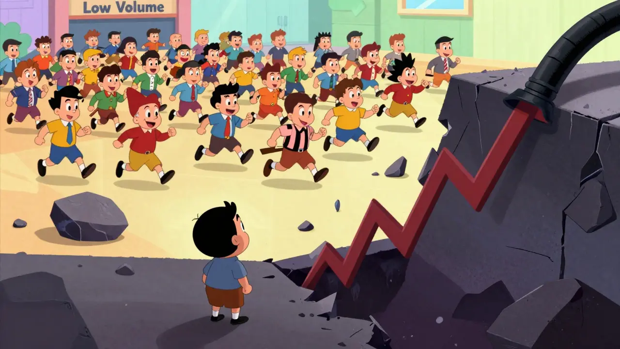 Cartoon crowd fleeing a crumbling platform while a graph crashes