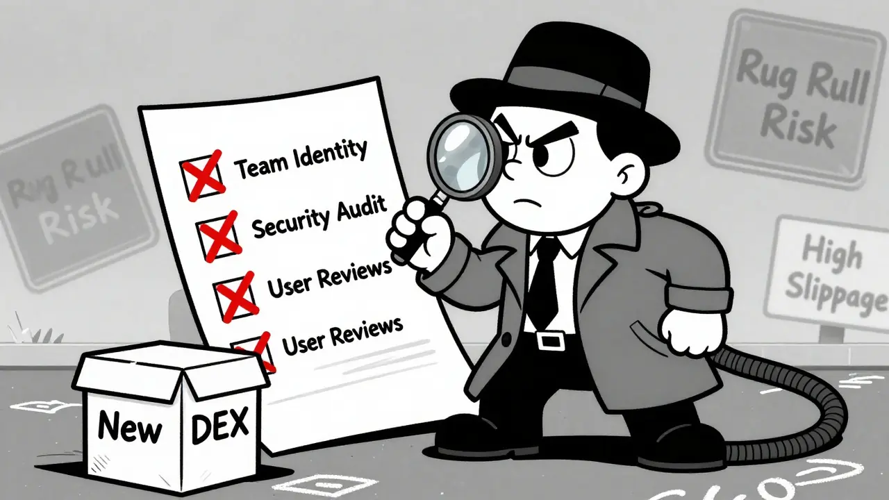 Cartoon detective checking safety criteria for a new crypto exchange