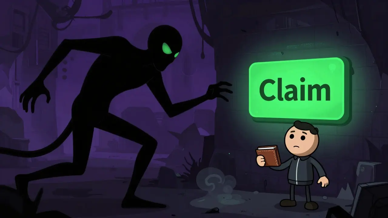 Cartoon figure avoiding a scammer's trap in a dark, spooky alleyway