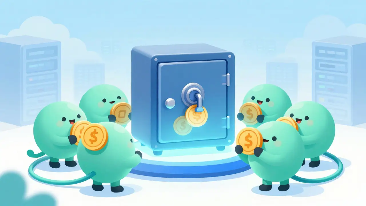Cartoon guardians locking shiny coins into a glowing digital safe to secure the network.