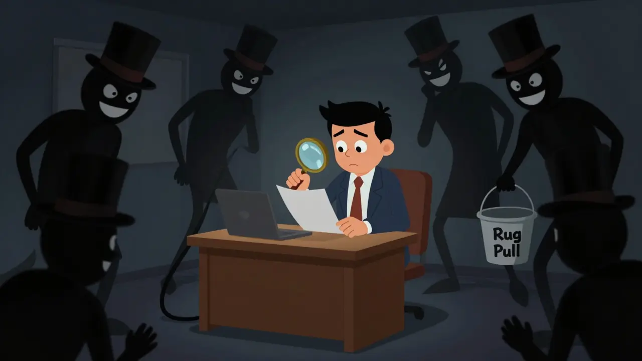 Cartoon investor checking documents while shadowy scammer figures lurk nearby