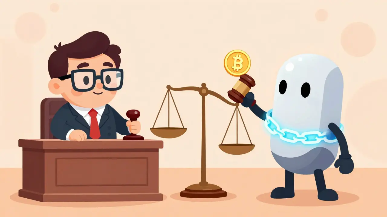 Cartoon judge weighing traditional copyright stamp against blockchain evidence in court.
