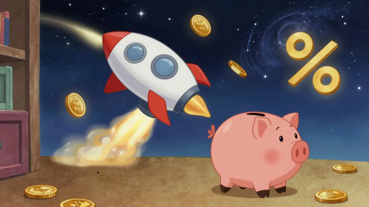Cartoon piggy bank turning into a rocket launching through crypto stars