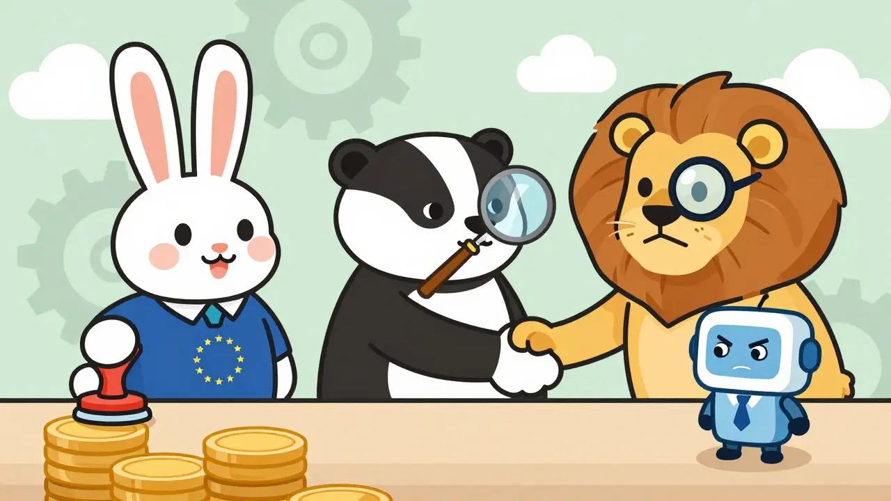 Cartoon regulators from Netherlands, Germany, and Malta shake hands with a startup robot at a coin counter, illustrating licensing speed.